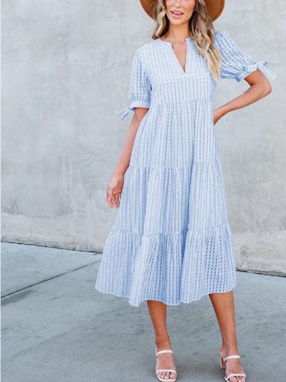 English Factory Blue Gingham Tiered Midi Dress Bow Sleeve Cottagecore S